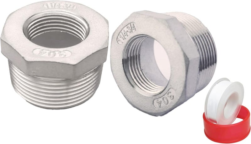 POTONZ 1-1/4" Male to 3/4" Female NPT Threaded Reducer Hex Bushing 304 Stainless Steel Reducing Adapter Pipe Fitting With Teflon Plumbers Tape(Pack of 2) - Image 1